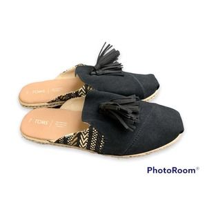 Toms Nova Espadrille Slides Black Suede Tassel Size 12